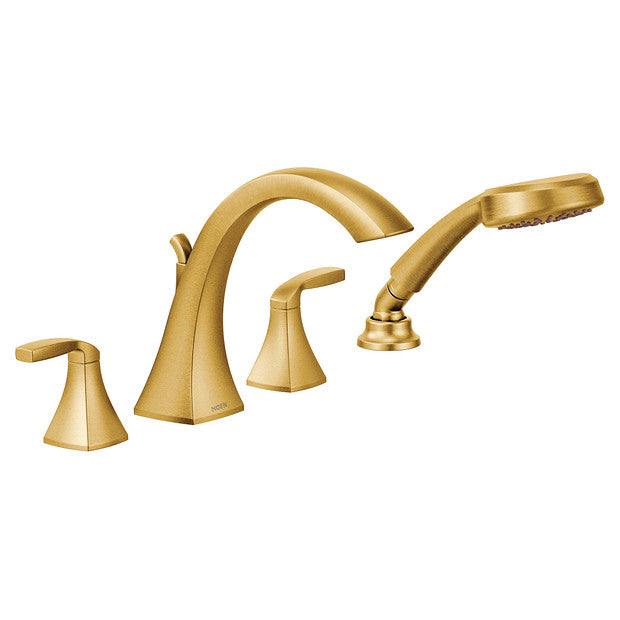 Two-Handle High Arc Roman Tub Faucet Including Handheld Shower MOEN Voss Brushed Gold T694BG